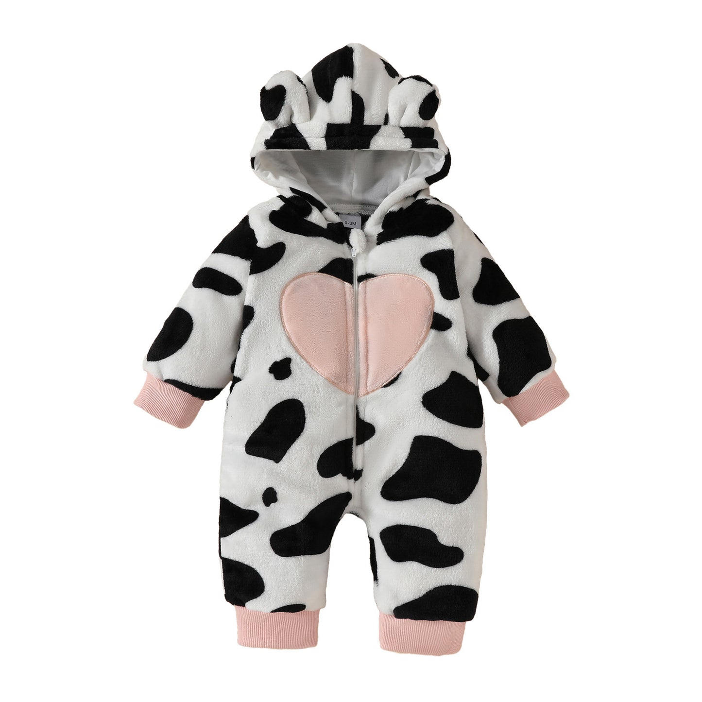 Baby Fur Hooded Romper Love Affixed Cloth Embroidered Cow Stripes Casual Zipper Long Type Crawling Suit