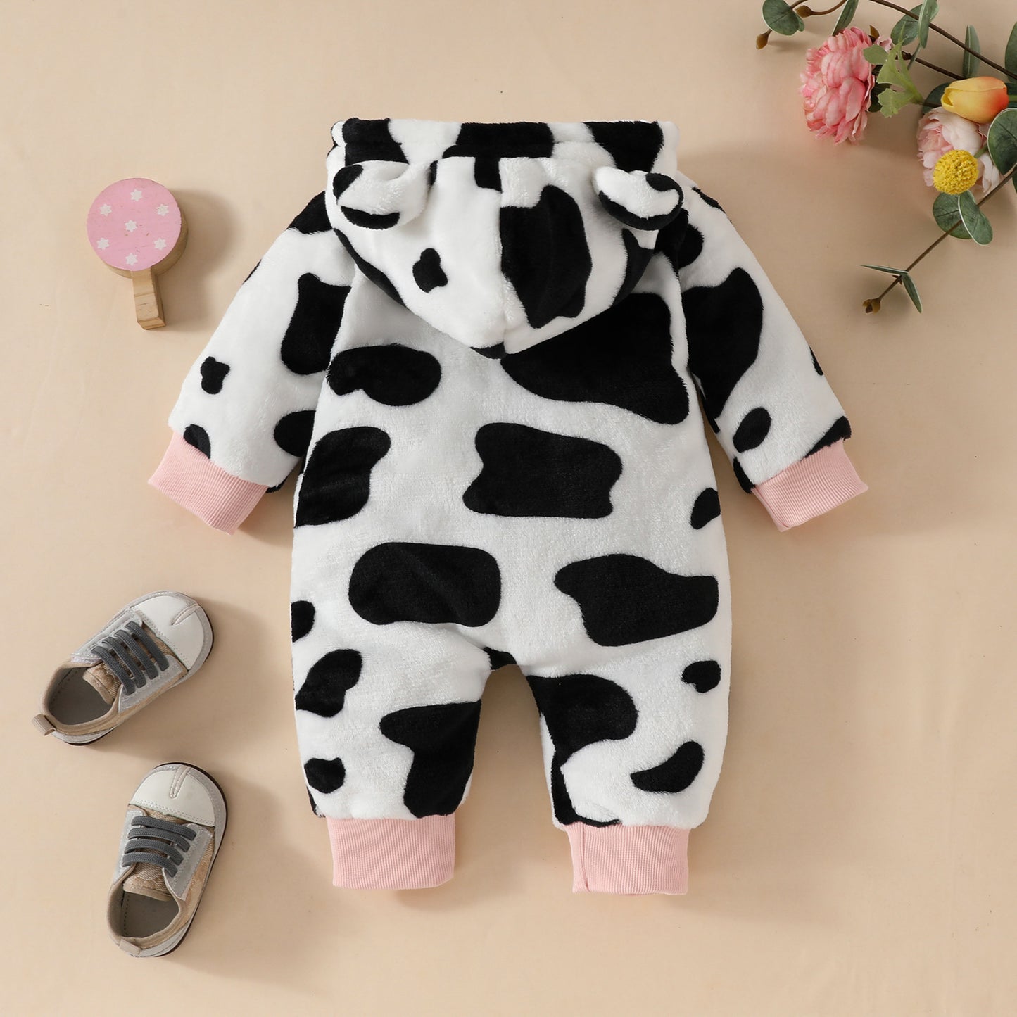 Baby Fur Hooded Romper Love Affixed Cloth Embroidered Cow Stripes Casual Zipper Long Type Crawling Suit