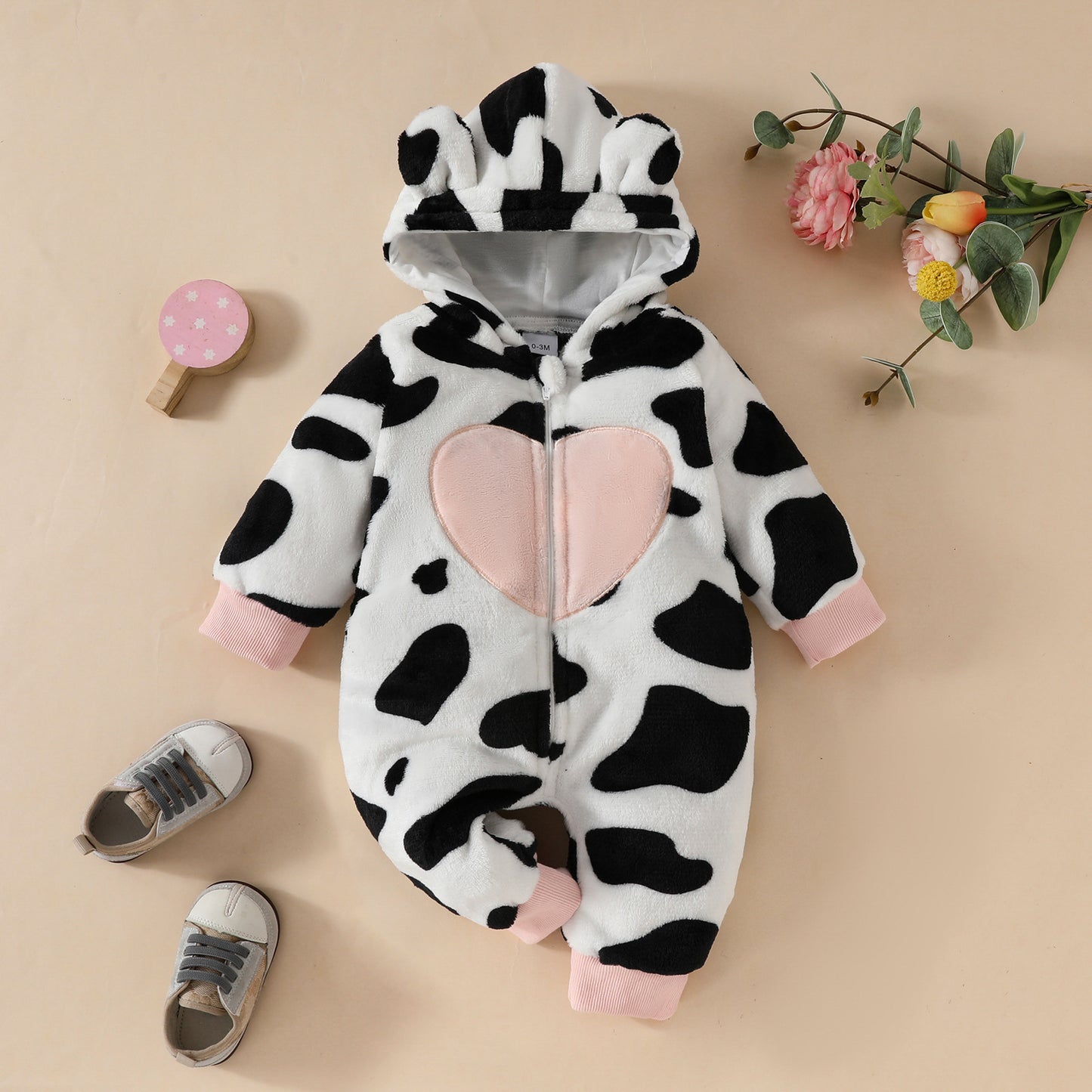 Baby Fur Hooded Romper Love Affixed Cloth Embroidered Cow Stripes Casual Zipper Long Type Crawling Suit