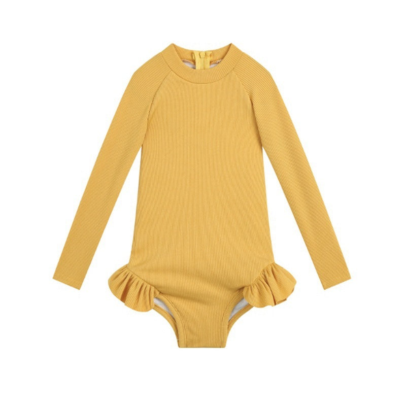 European And American New Baby Girl Rib Cloth Long Sleeve Triangle Ruffled One-piece Swimsuit