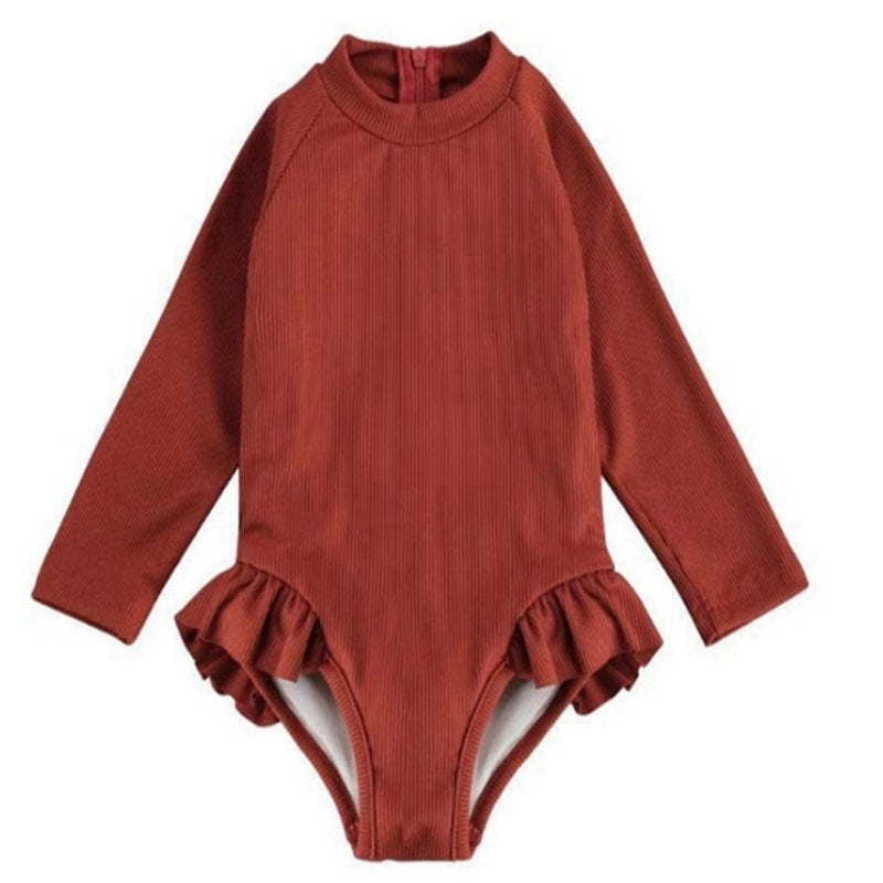 European And American New Baby Girl Rib Cloth Long Sleeve Triangle Ruffled One-piece Swimsuit