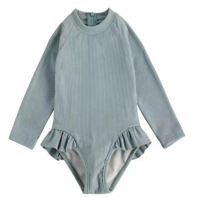 European And American New Baby Girl Rib Cloth Long Sleeve Triangle Ruffled One-piece Swimsuit